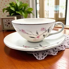 VTG Cherry Blossom Fine China Cup & Saucer Set Made In Japan Mid-Century Modern 