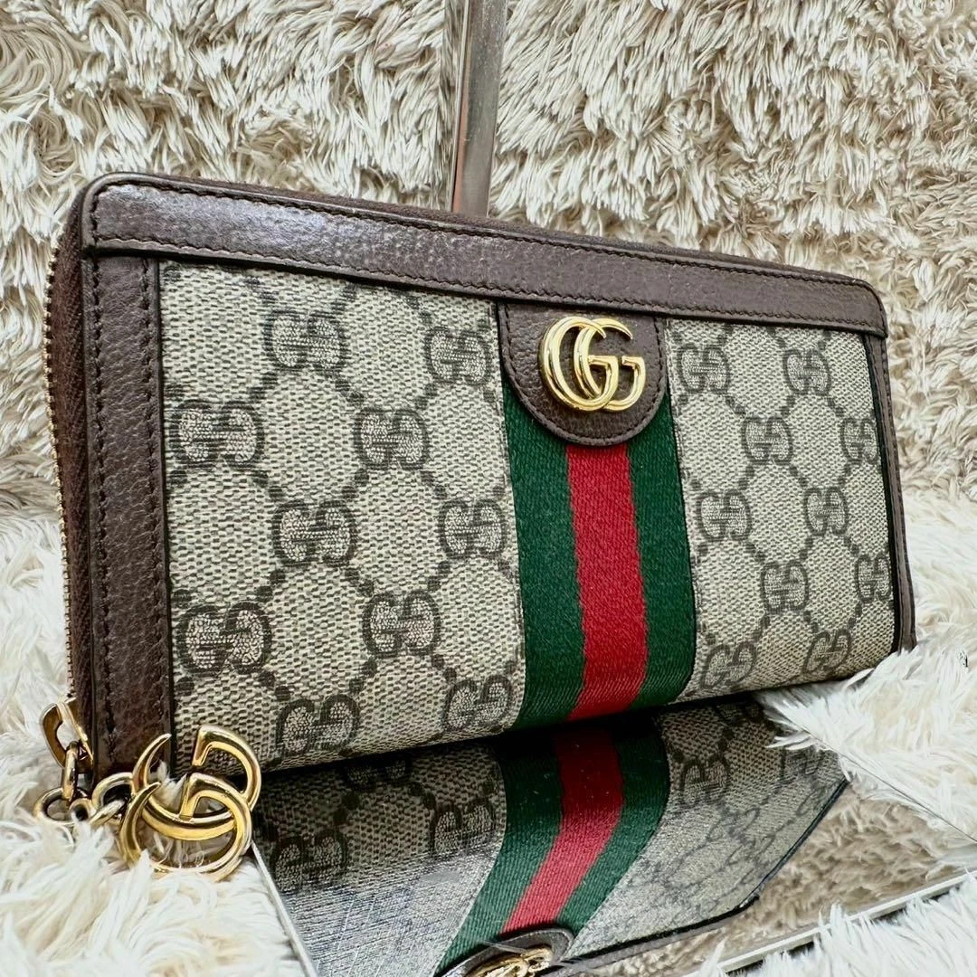 [Bon état] Gucci Portefeuille Long Fermeture Éclair Rond Ophidia Beige Suprême