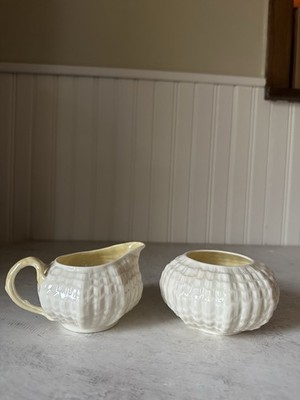 Belleek Tridacna Yellow Creamer Pitcher Sugar Bowl Set Green Mark Vintage Irish