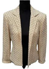 Talbots Tweed Blazer Women's Size 8 Petite Taupe Ivory Open Front Fully Lined