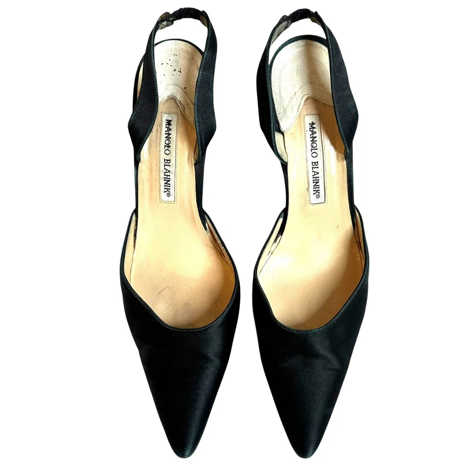 Zapatos de tacón medio Manolo Blahnik negros de seda con cordones punta talla 41 Foto 3 de 4