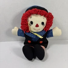 Vintage Raggedy Andy‑Inspired Knit Doll Red Yarn Hair Blue Shirt Black Pants