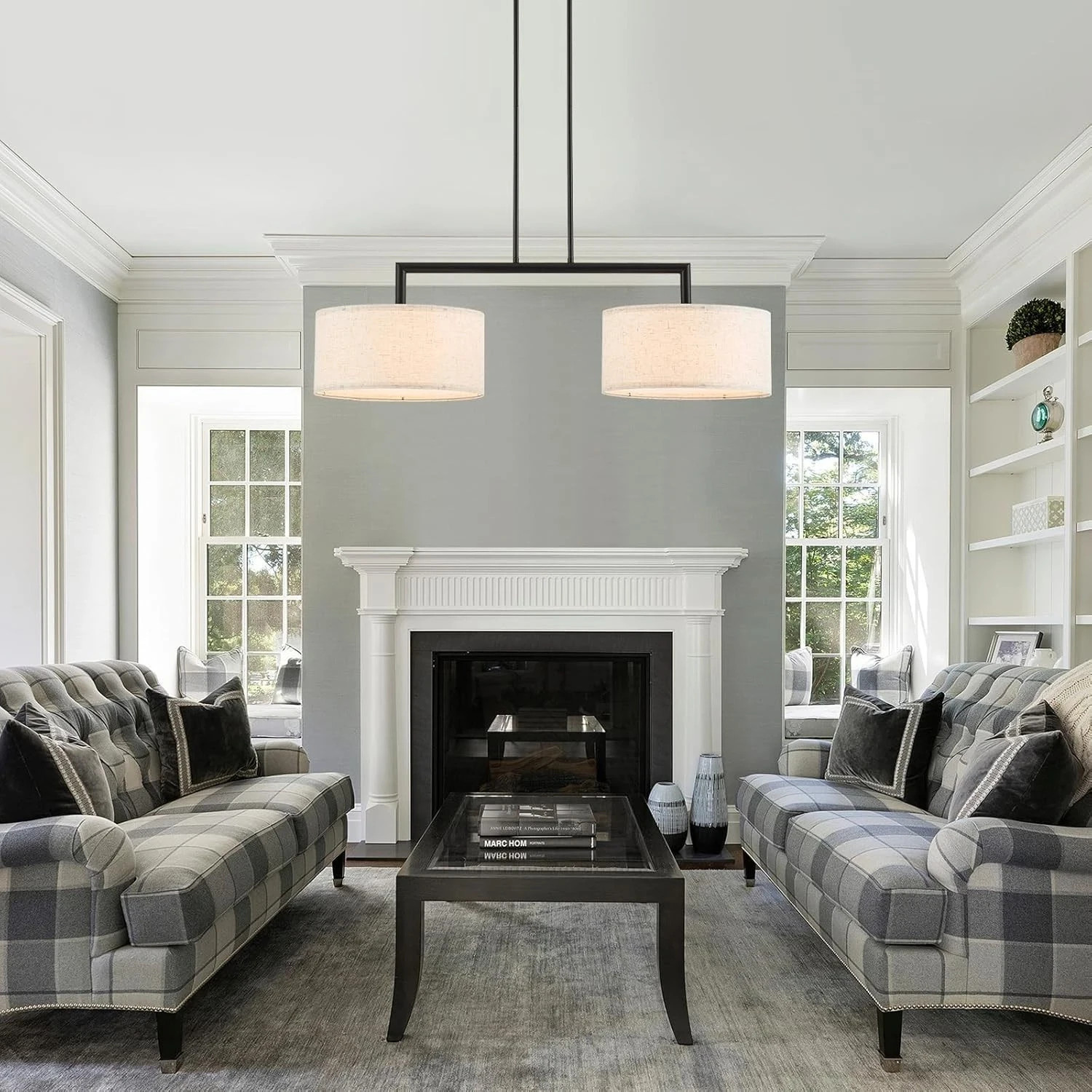 39" Modern Chandelier, 2-Light Off-White Fabric Pendant, Matte Black, UL Listed✨ thumbnail 5