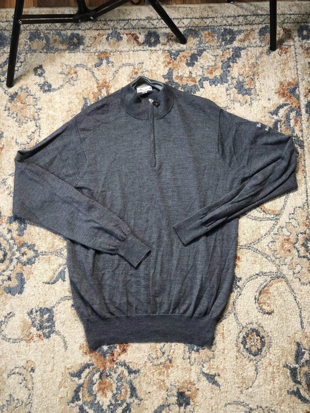 Peter Millar Sweater Mens Large Gray Merino Silk Quarter Zip Mock Neck Pullover