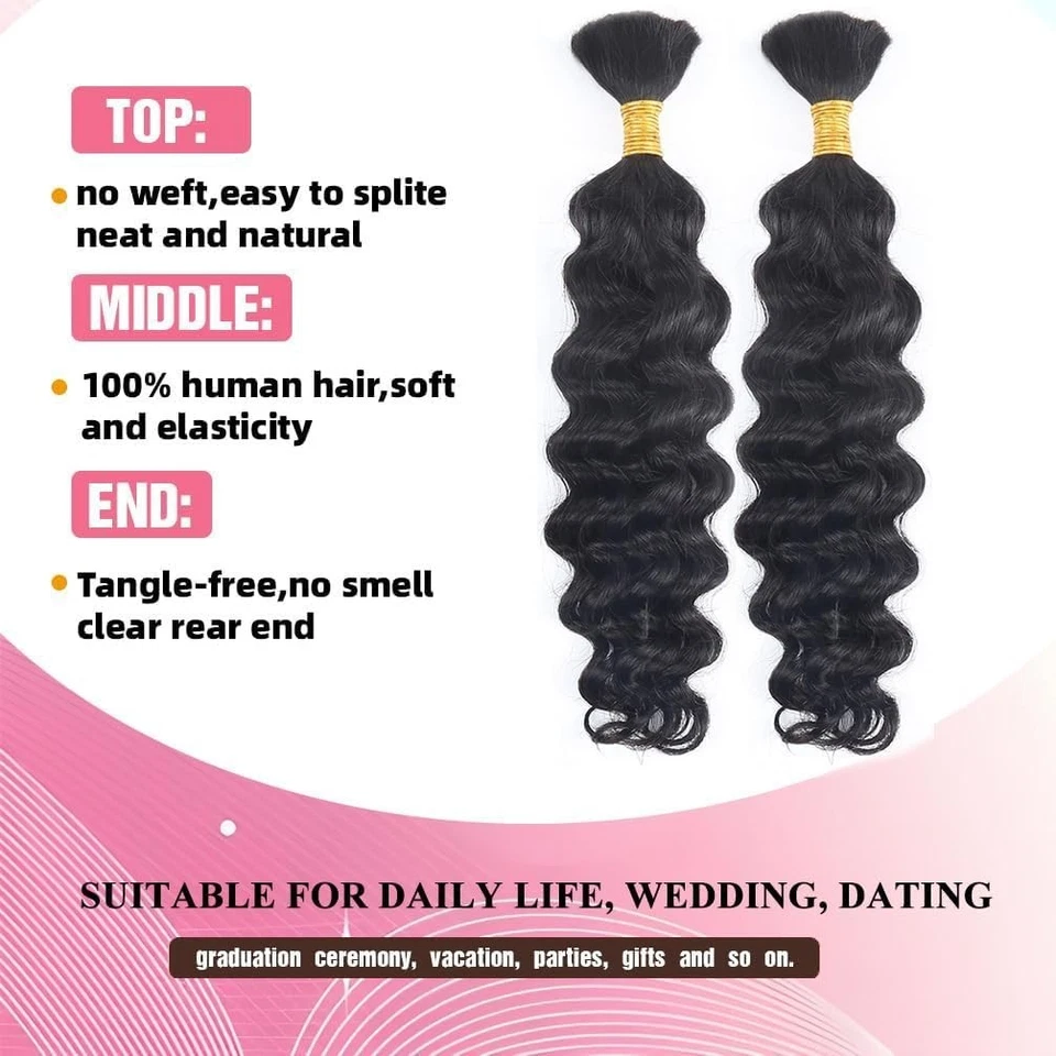 Boho Braids Human Hair Extensions 100g 18 Inch Deep Wave Bulk No Weft Bundles 12 - Image 2 of 3