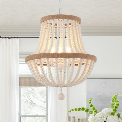 3-Light Boho Chandelier Farmhouse, Wood Bead Pendant Light, Antique Rustic Ha...