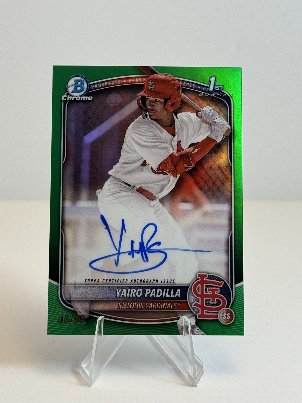 YAIRO PADILLA 2025 BOWMAN CHROME 1ST BOWMAN TRUE GREEN REFRACTOR RC AUTO #6/99