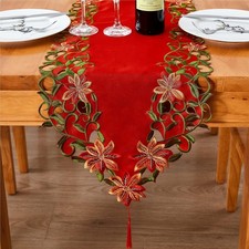 Christmas Embroidered Table Runner Cutwork Green Leaves Holiday Table Linens ...