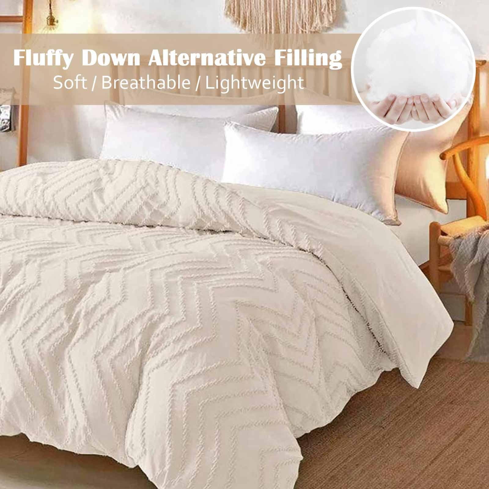 King Comforter Set Beige Tufted Jacquard Boho Soft Shabby Chic Reversible Dow...