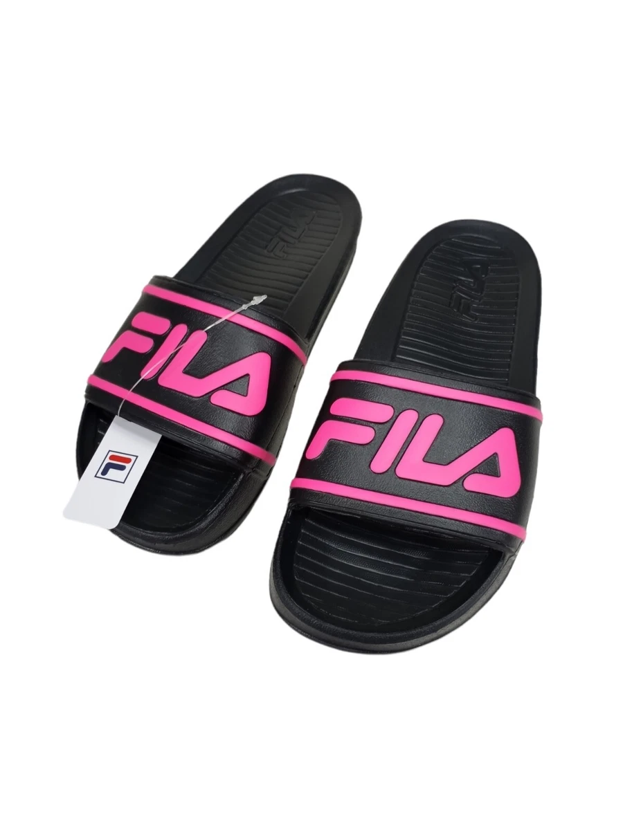 Pink and black fila cheap slides