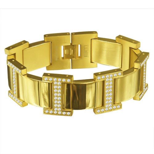 Men's Icy Custom White Cz 14K Yellow Gold Over Stainless Steel "Tidal" Bracelet  - Picture 2 of 3