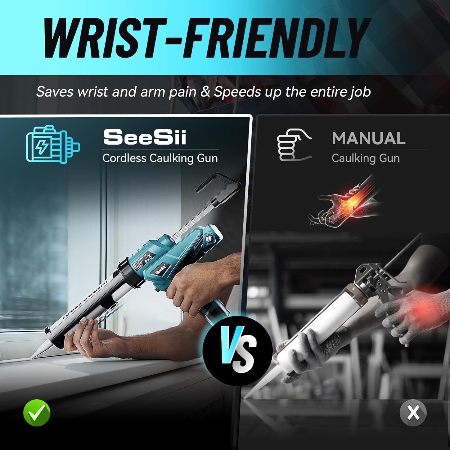 Seesii Cordless Caulking Gun 10 Oz/300ml Electric Silicone Gun w/ LED 2x2.0AH