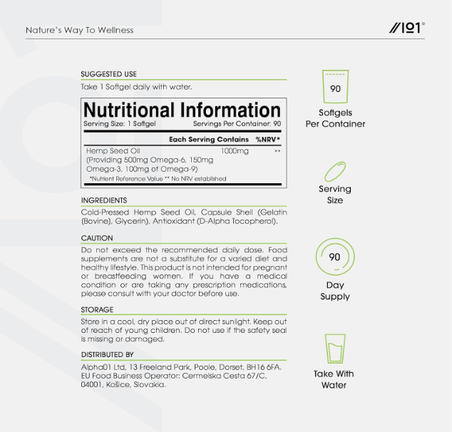 Pure Hemp Seed Oil Softgels 1000mg Per Capsule X 90180 Omega 3 6 9