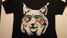 Cool Cat T-shirt, Cat with Sunglasses Rainbow Sunset Palm-trees size Large