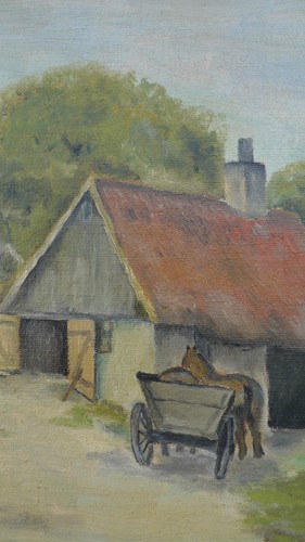 MONOGRAMA DESCONOCIDO / CARRETERA DEL PUEBLO CON CARRO DE CABALLOS / PINTURA AL ÓLEO FECHADA 1940 - Imagen 6 de 9