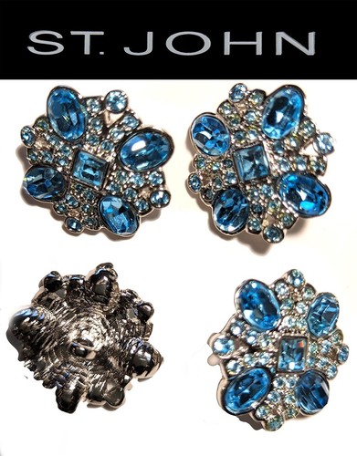 St John Knits Silver Tone Aquamarine Crystal Square Replacement Buttons