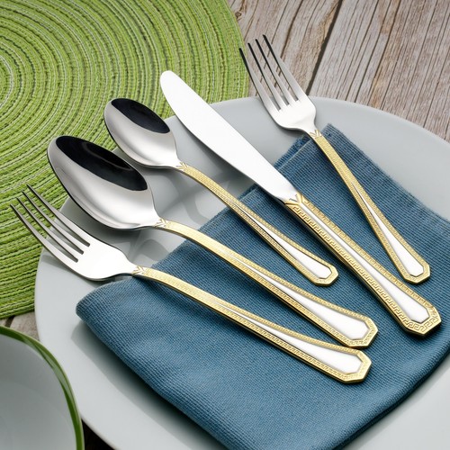 Besteckkasten Holz Besteckset 75 tlg12 Personen Edelstahl Bicolor Gold Mäander - Bild 6 von 12