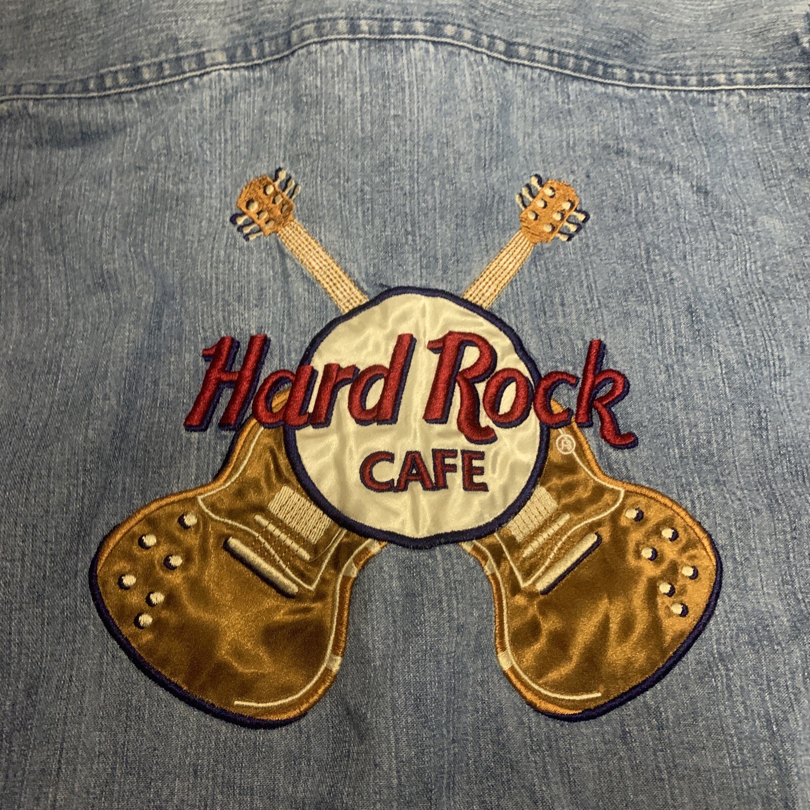 Hard Rock Cafe Las Vegas Denim Shirt Womens M Long Sleeve Embroidered Rockabilly