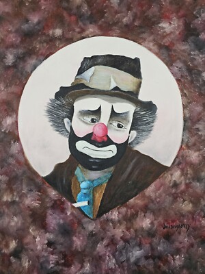 clown with cigarette painting ART - Vintage Original Signed John Daugherty Painting 20x16 Sad Clown  Cigarette