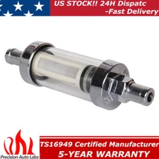 3/8INCH CLEARVIEW GLASS INLINE FUEL FILTER IN & OUT CHROME PLATED HOSE UNIVERSAL