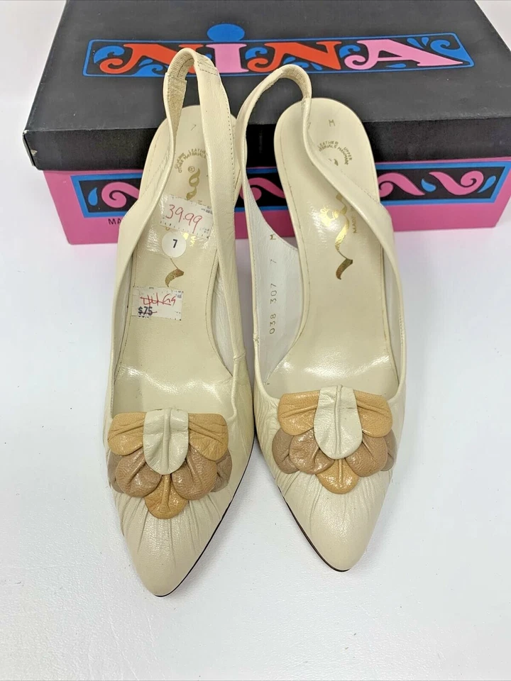 NINA Beige Hueso Eslinga Flor Puntera Cerrada Talla 7M 3-15/16” Tacón HECHO EN ESPAÑA 4” Foto 2 de 4