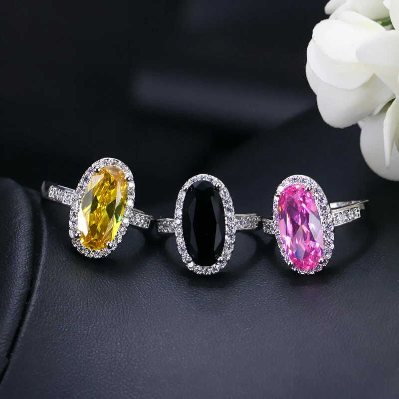 Clásico Ovalado 3 Piezas Negro Ónix Gema Plata Collar Mujer Pendientes Anillo Talla 6-10 Foto 2 de 4