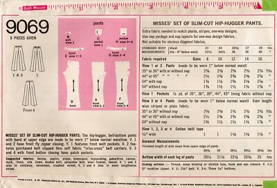 Simplicity 9069 Slim-Cut Hip-Hugger Bell Bottom Pants Sz 10 UNCUT