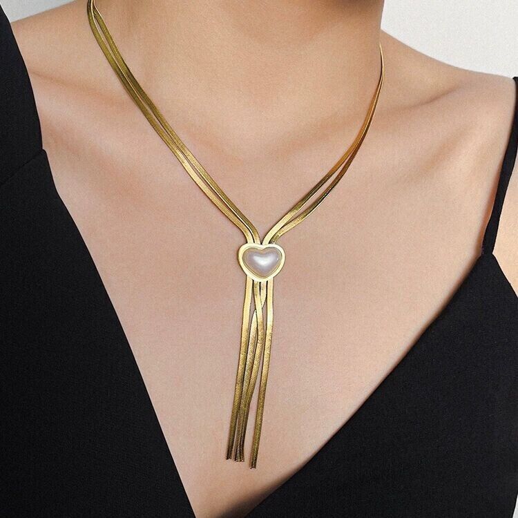Chain Gold Charm Tassel 18K Plated Heart Pearl Necklace Woman Steel Stainless