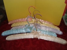 Five Pastel Colored 15" Satin Padded Clothes Hangers w/Bows  Coated Hooks