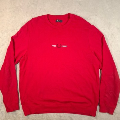 Fred Perry Sweatshirt Mens XL Red Logo Crew Neck Casual Cotton Designer Jumper