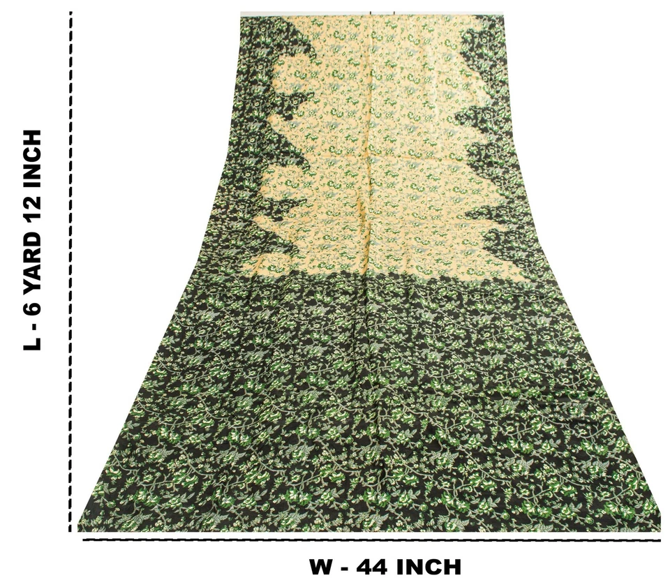Saris de seda pura amarillos y verdes con estampado floral artesanal vintage de sánscriti 6+ yardas Foto 4 de 4