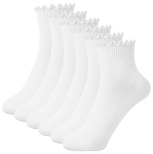 6 Pairs White Ruffle Socks Women Cute Frilly Lettuce Edge Cotton Ankle Socks ...