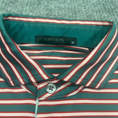 Greyson Polo Shirt Mens M Green Red Striped Stretch Wicking Performance Golf