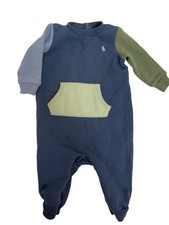 Ralph Lauren One Piece Romper Baby Boys 6M Blue Green Sweatshirt Pocket Outfit