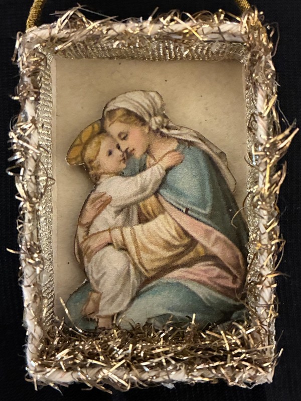 Antique Look Scrap Christmas Ornament,  MARY--JESUS,  TINY Shadow Box,  Handmade