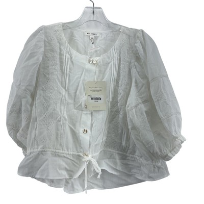 Blu Pepper White Eyelet Tie Front Long Puff Sleeve Blouse Size L Women Preowned