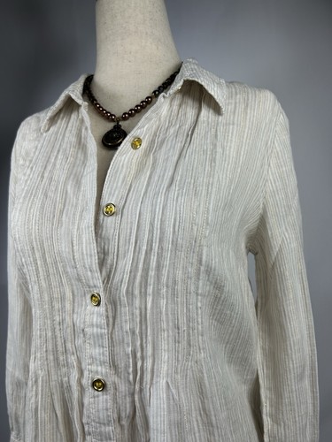 Charter Club Linen Luxury Striped Roll Tab Button Down Top Coastal Chic Petite M - Picture 3 of 11