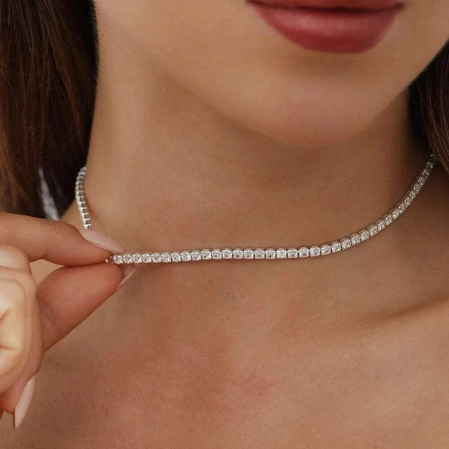 "18\" Tennis Necklace 14K White Gold Plated Silver 14Ct Round Lab Created Diamond"