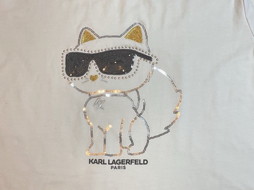 KARL LAGERFELD Women’s Short Sleeve T-Shirt LARGE White w/Black, Gold, Silver - Picture 8 of 14