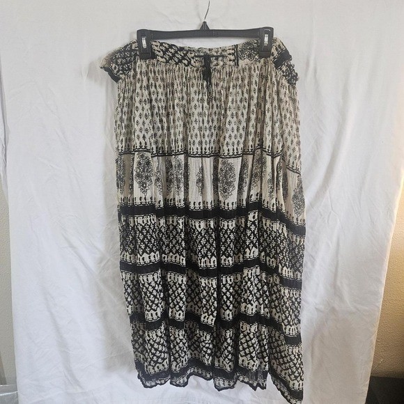 Vintage Boho Crinkle Gauze Tiered Maxi Skirt 100% Cotton Block Print India L