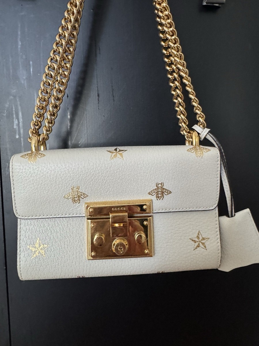 Gucci Grained Calfskin Bee Star Small Padlock Shoulder Bag White