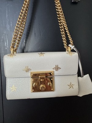 Gucci Grained Calfskin Bee Star Small Padlock Shoulder Bag White