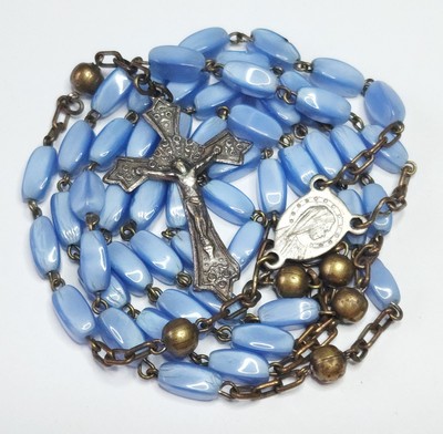Vintage Rosary Smooth Blue Satin Glass Beads Mother Mary Crucifix Roma Italy