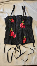 Fredericks of Hollywood Vintage -Black Lace Red Floral - Goth - Corset Bustier