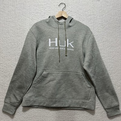 HUK Hoodie Heather Gray Sweatshirt Pullover Fleece Performance Fish Stretch Sz M