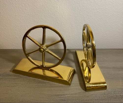 Heavy Solid Brass Wheel Bookends Pair 5lb Mid Century Modern Nautical Industrial - 第 3/12 張圖片