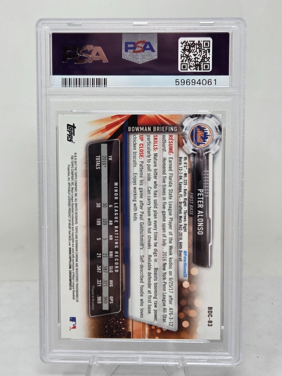 2017 Bowman Chrome PETE ALONSO RC CARD PSA 10 GEM MINT view 2