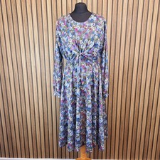 Vintage Dress Geraldine 16 Purple Floral Long Sleeve Ruffle Flare Midi Length