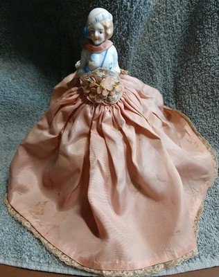 VTG Porcelain Victorian Woman Half Doll Pin Cushion-Pink Satin & Lace Dress