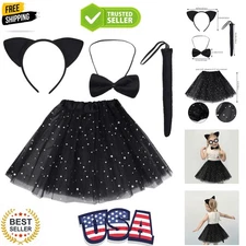 Black Cat Costume Set Cat Ears Headband Tail Bowtie Tutu-Halloween, Dress Up,...